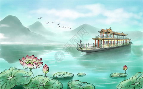 澜沧江游船水墨山水画背景 游湖插画