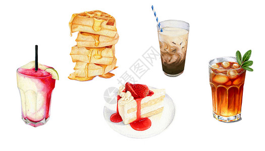 清新面包饮品蛋糕下午茶夏天食物插画