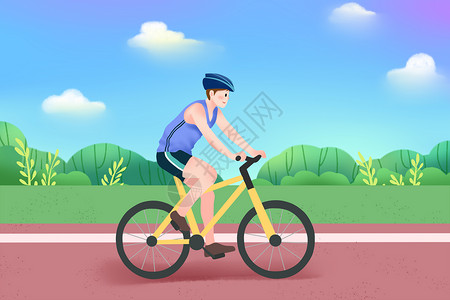 男孩户外运动骑山地自行车插画