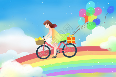 共享自行车女孩的梦幻单车插画