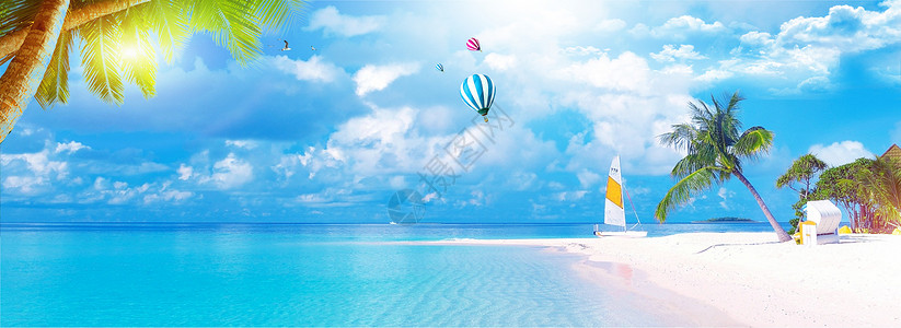 海边一群人清新夏季背景设计图片