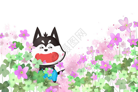 紫色三叶草幸运草小猫插画
