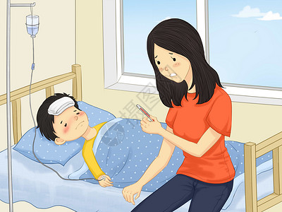 儿童体检量体温小孩感冒发烧插画
