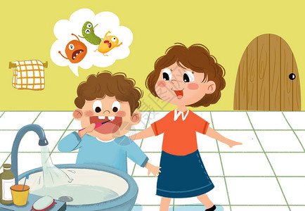 洗漱台儿童刷牙卫生插画