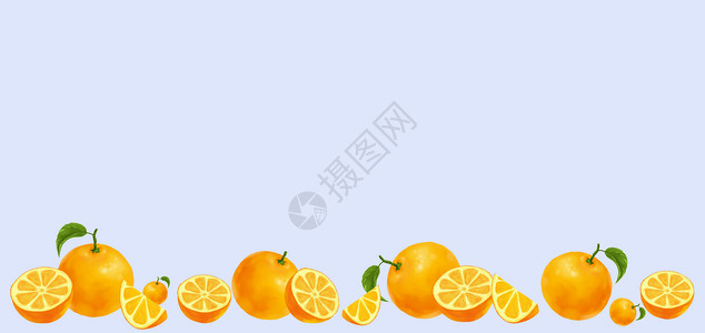 橙子叶子素材橙子二分之一留白背景插画