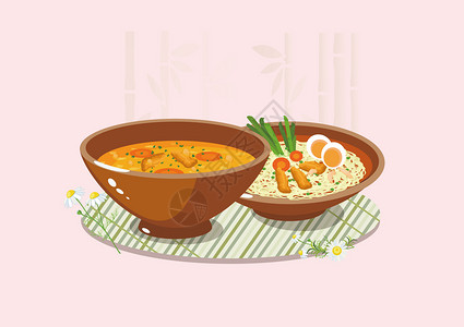 月季花和碗高汤营养面美食插画