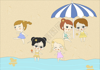 海滩脚印海滩玩耍的小女孩插画