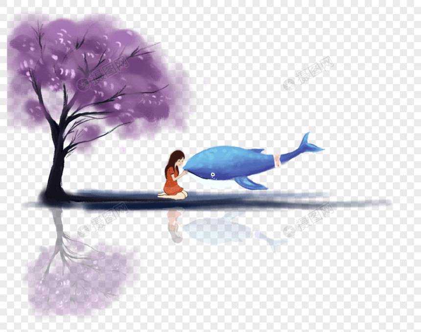树下跟鲸鱼玩耍的女孩图片