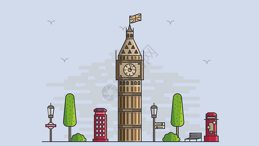 伦敦大笨钟纽约城市风光建筑标志性插画