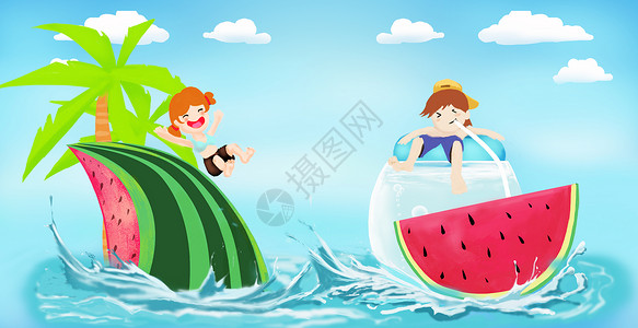 清新夏至儿童吃西瓜插画背景图片