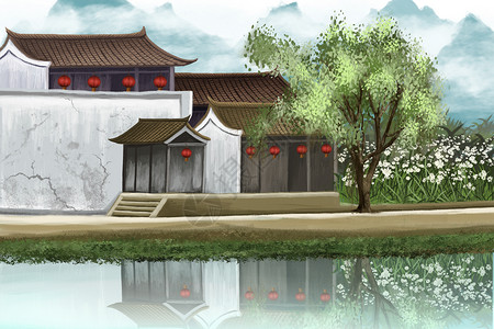 景观古建筑乡间风景插画