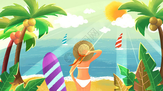 椰树叶子夏日沙滩海边度假插画