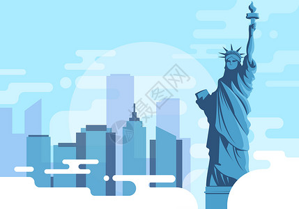 蓝色的城市美国自由女神像插画