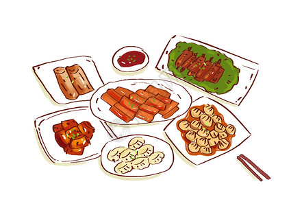 加工肉食丰盛的晚餐插画