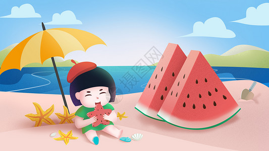 夏至西瓜可爱小孩吃西瓜插画背景图片