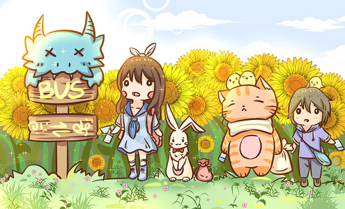 宫崎骏龙猫与兔子先生的旅行插画
