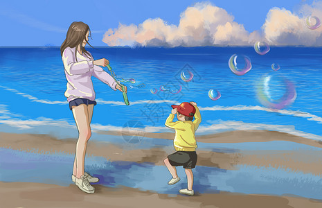妈妈陪儿子玩海边插画