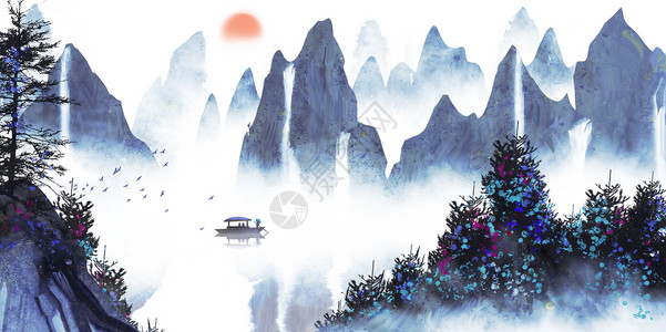 新中式屏风中国风水墨山水画插画
