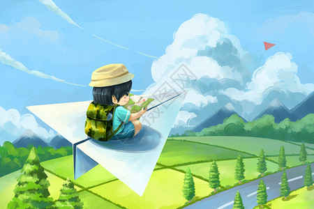 小孩坐地上坐纸飞机去旅行插画