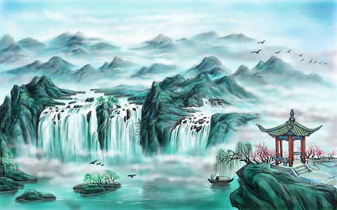 瀑布水墨水墨山水画背景插画