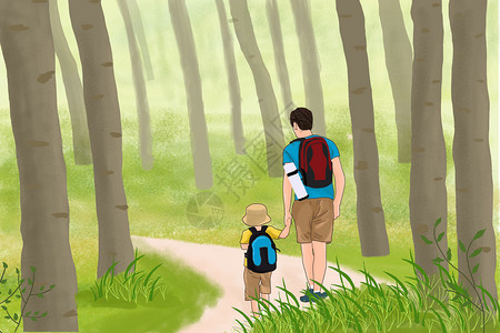 草与男孩父与子的旅行路上插画