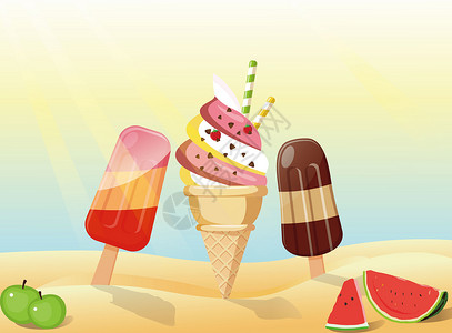 夏天沙滩吃雪糕冰淇淋 冰棒插画