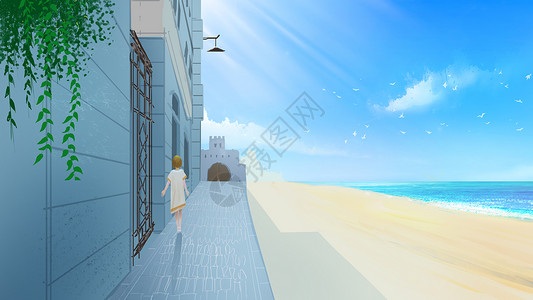 欧洲旅行小别墅海边的风景插画