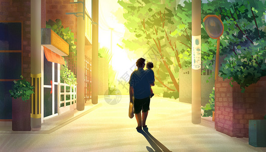 父亲和儿子父亲节-夕阳散步回家插画