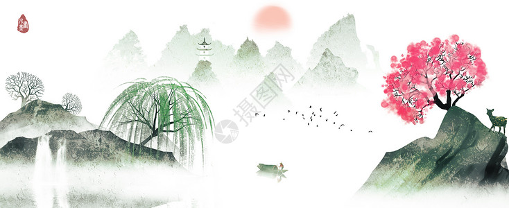 动物风景装饰画中国风水墨山水画插画