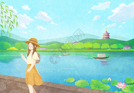 旅行拍照的女孩游西湖插画