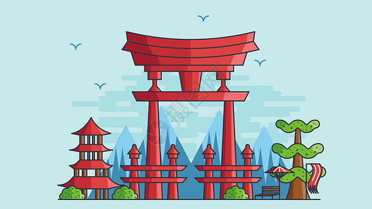 日本神社鸟居日本神社城市风光建筑插画