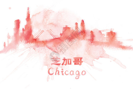 地标城市芝加哥水彩手绘插画图片