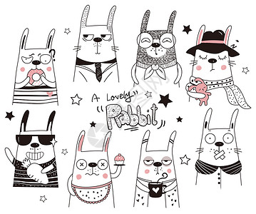 兔子朋友手绘欧式线条兔子插画