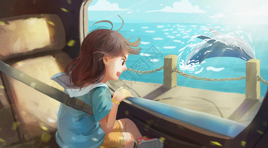 小孩坐车假日坐车旅行去看海的小女孩插画