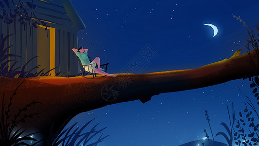 回头看男孩在树屋上看月亮插画