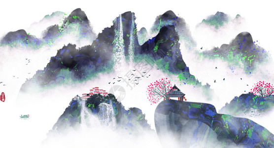 新中式墙风格中国风水墨山水画插画