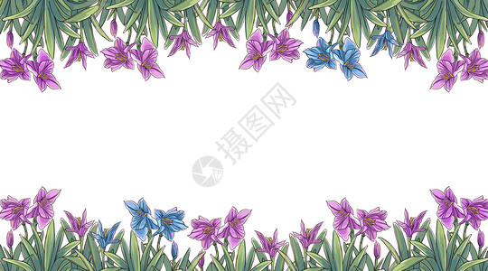 蓝色鲜花边框手绘花卉背景插画