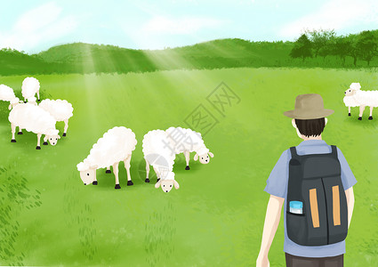 男生背包一个人到草原旅行插画