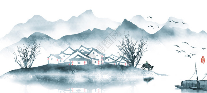 新中式家意境山水画插画