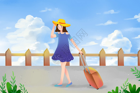 背包旅行的美女女孩夏日旅行插画