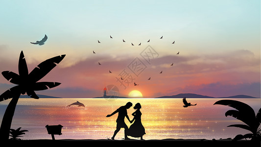 剪影人像素材浪漫海边旅行插画