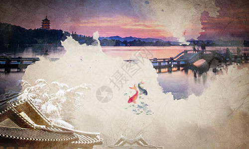 金鱼元素中国风水墨海报设计图片