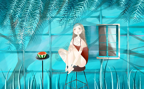 夏天吃西瓜插画背景图片