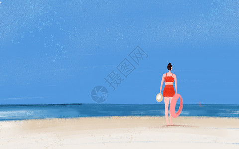 夏日沙滩美女展示冲浪板海边度假插画