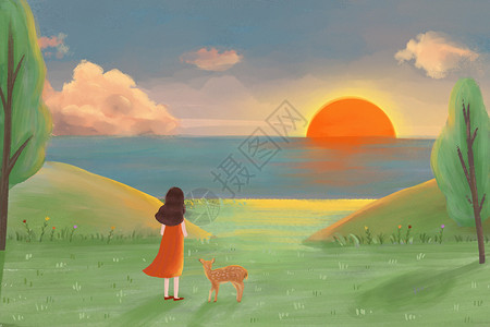 手绘小鹿看日落的女孩插画