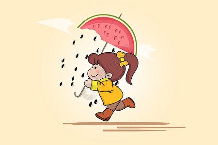 小女孩与西瓜雨夏天的味道插画