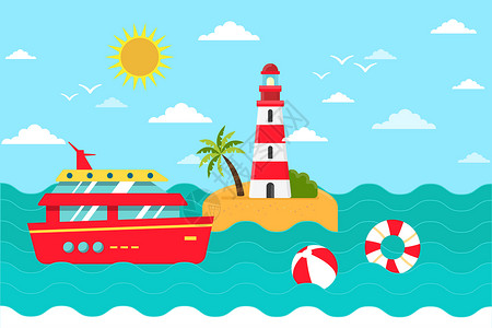 灯塔与游轮航海旅行插画