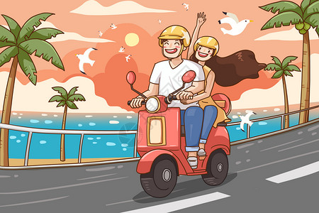 椰子树和骑摩托车出游插画