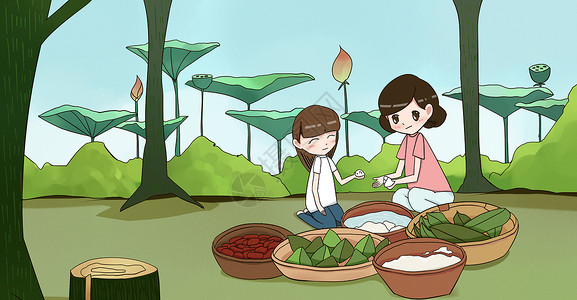端午节包粽子插画背景图片