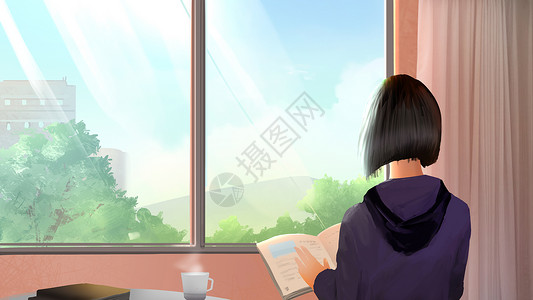 清晨的天空看书的女孩插画